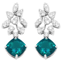 18K White Gold 1 1/10 Carat Diamond and Green Emerald Drop Earrings