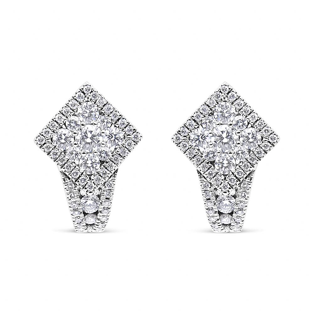 Increase her sparkle factor with these shimmering diamond huggie earrings. Crafted from cool 18K white gold, each huggie hoop earring features a rhombus shape of tightly packed round diamonds surrounded by a halo of round diamonds to give a