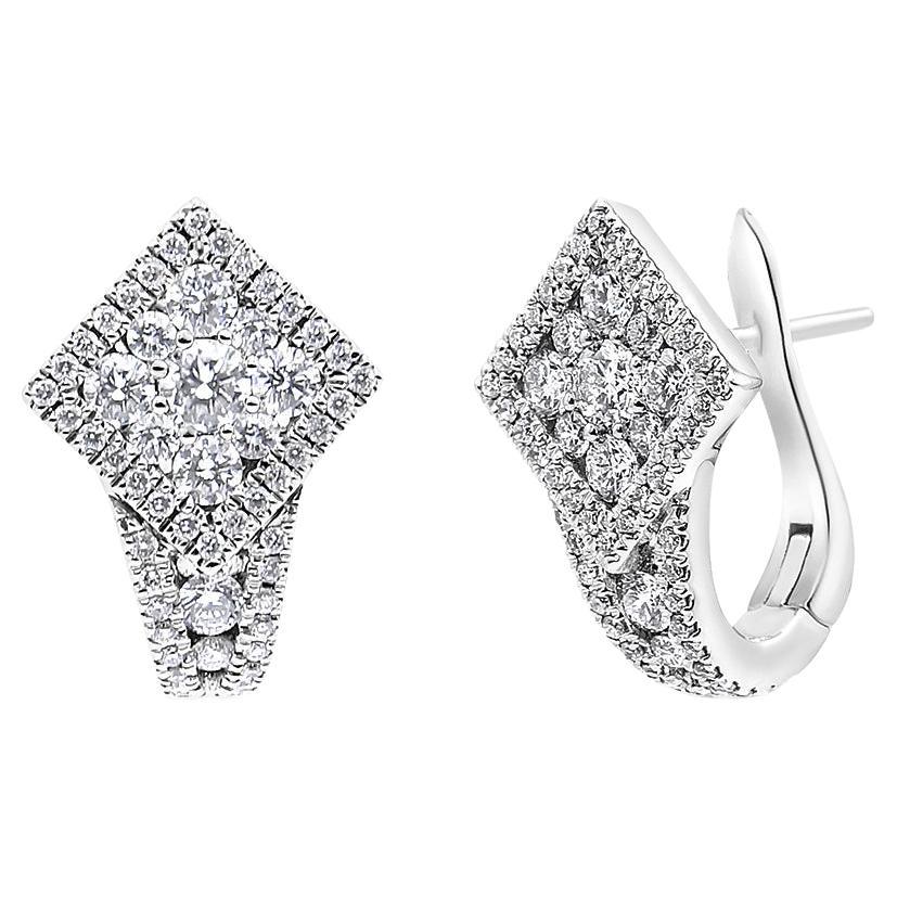 18K White Gold 1 1/10 Carat Round Diamond Cluster with Halo Hoop Huggie Earrings For Sale