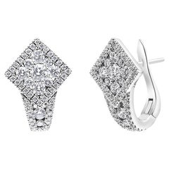 18K White Gold 1 1/10 Carat Round Diamond Cluster with Halo Hoop Huggie Earrings
