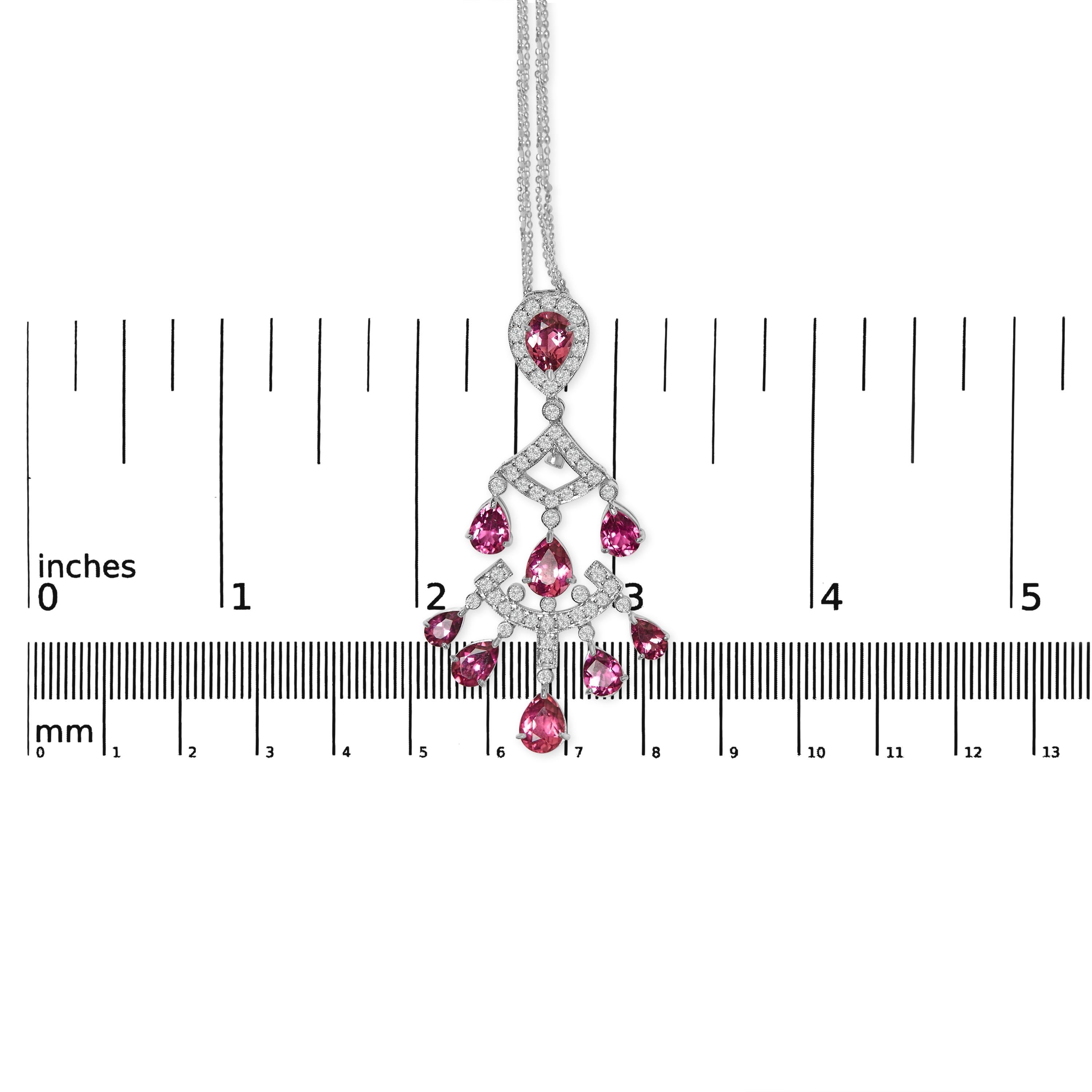 Taille ronde Collier pendentif à double rang en or blanc 18 carats, diamant 1 1/10 carat et tourmaline rose en vente