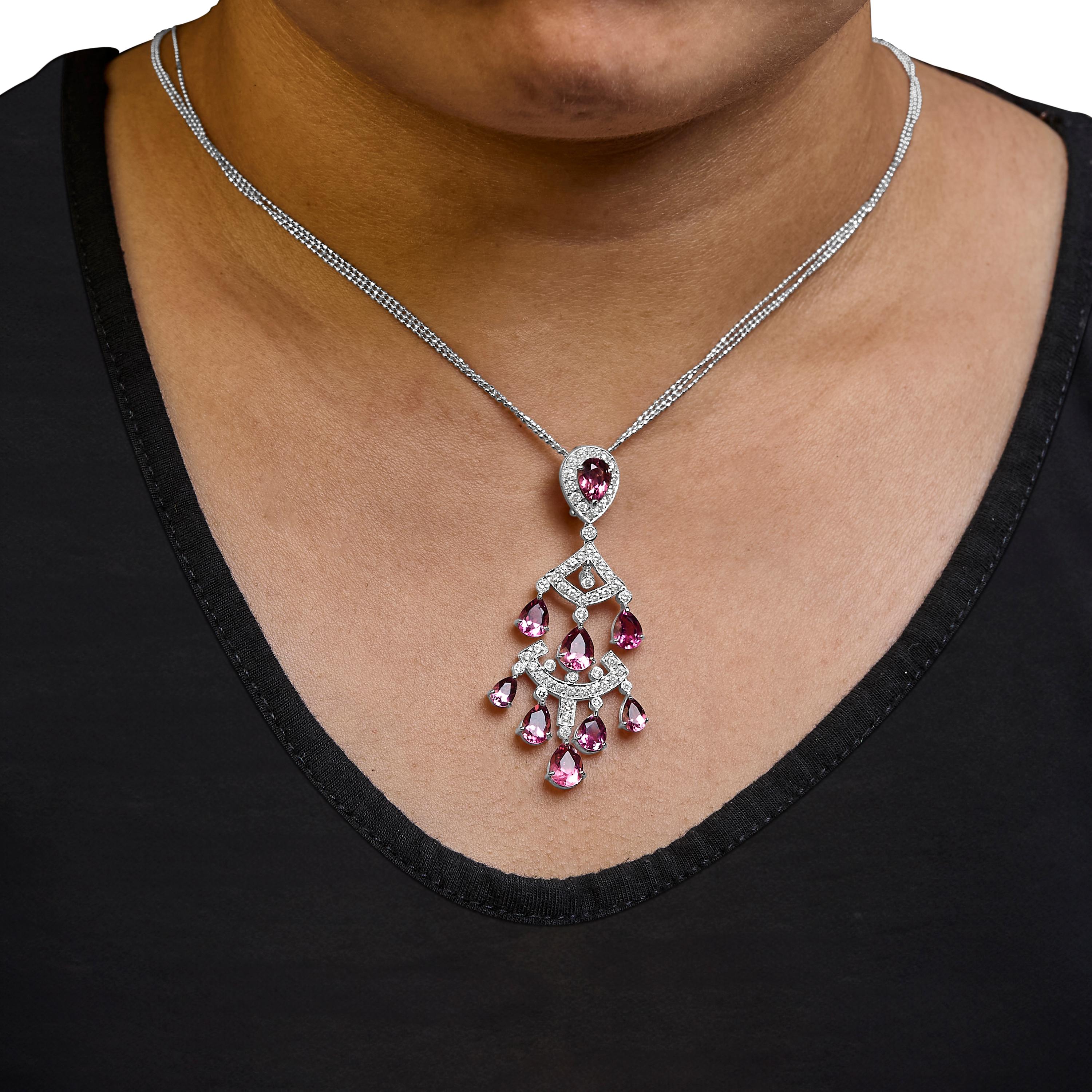 Collier pendentif à double rang en or blanc 18 carats, diamant 1 1/10 carat et tourmaline rose Neuf - En vente à New York, NY