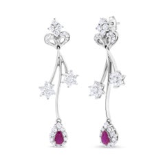 18K White Gold 1 1/4 Carat Diamond and Red Ruby Freeform Dangle Drop Earring