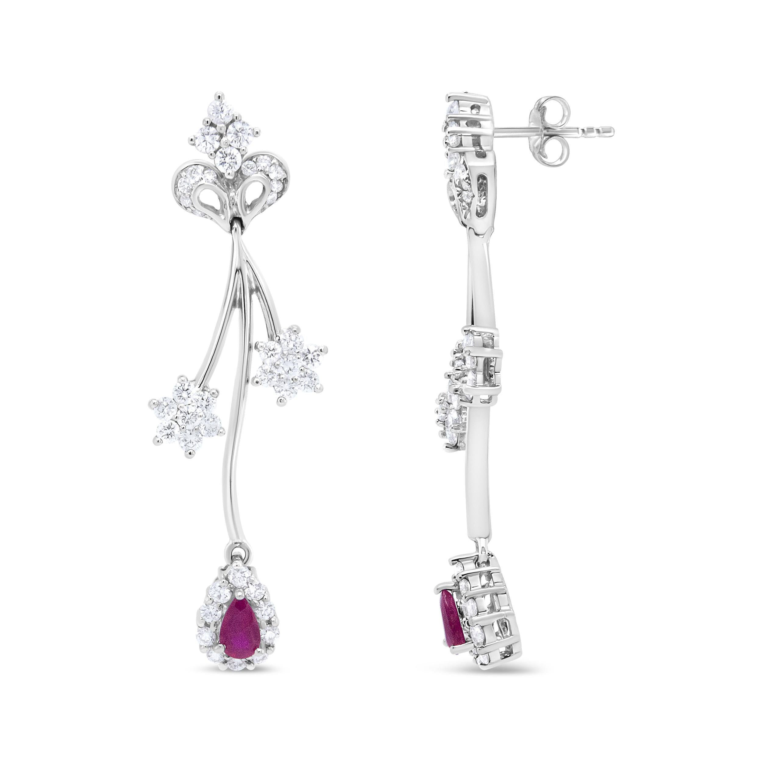 Contemporary 18K White Gold 1 1/4 Carat Diamond and Red Ruby Freeform Dangle Drop Earring