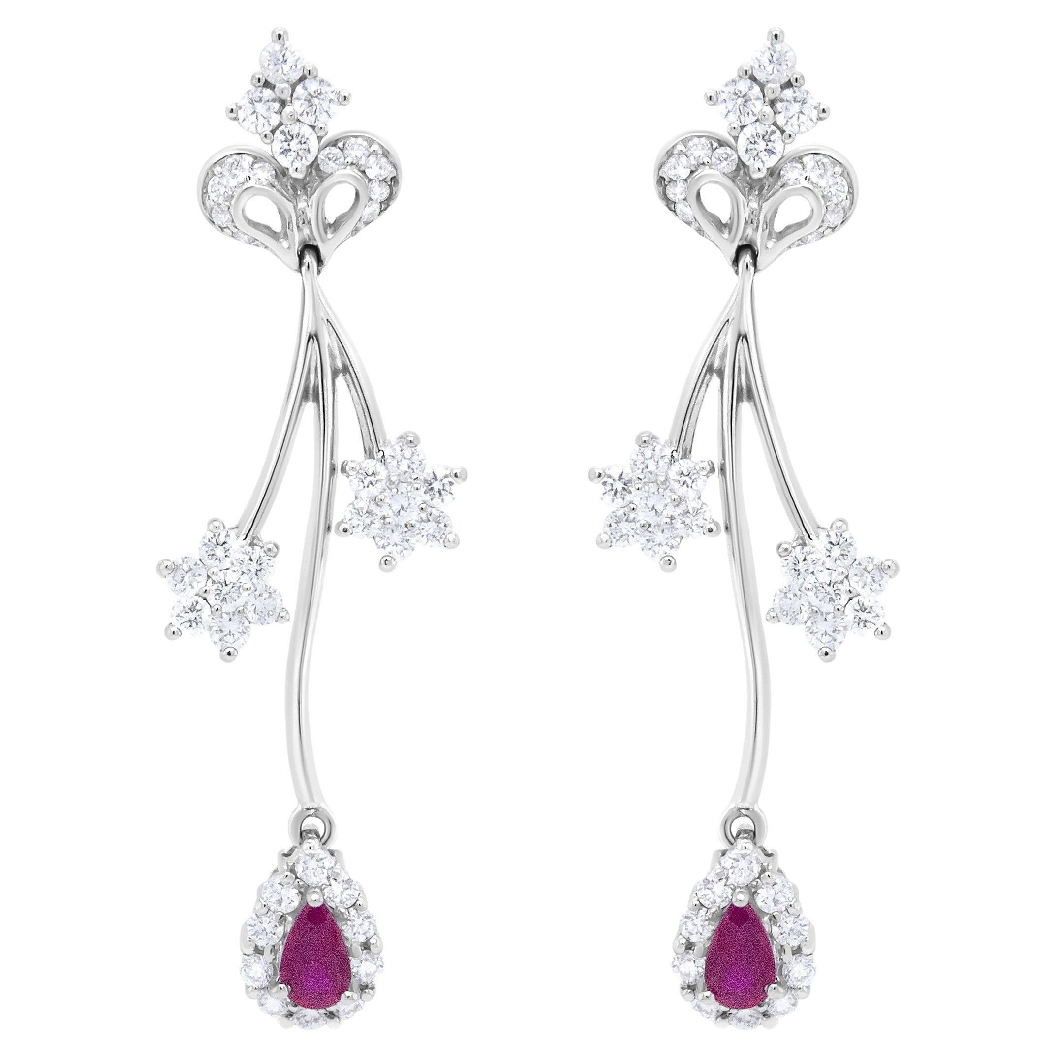18K White Gold 1 1/4 Carat Diamond and Red Ruby Freeform Dangle Drop Earring