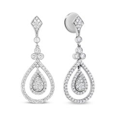 18K White Gold 1 1/4 Cttw Round Diamond Openwork Teardrop-Shaped Dangle Earrings