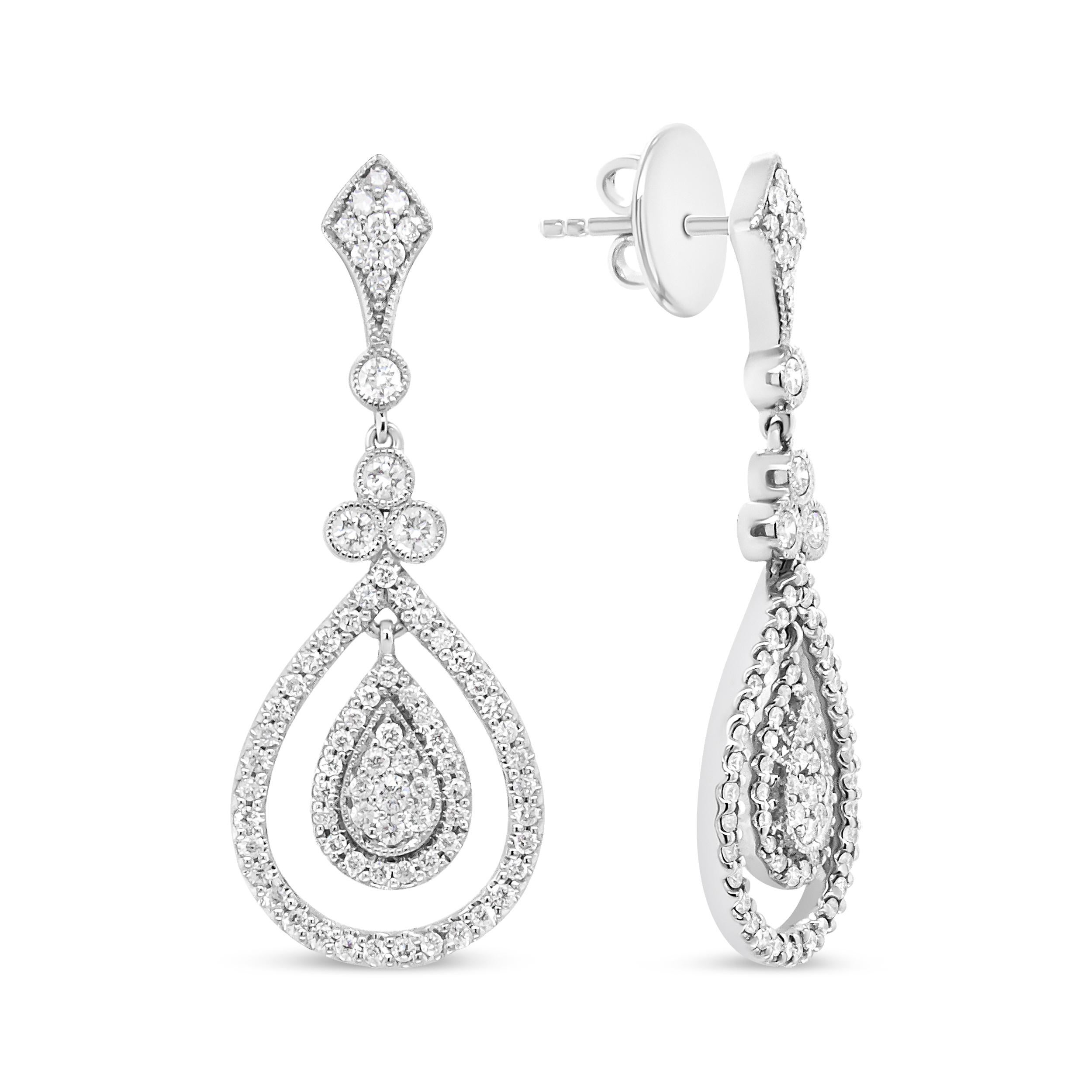 Contemporary 18K White Gold 1 1/4 Cttw Round Diamond Openwork Teardrop-Shaped Dangle Earrings For Sale