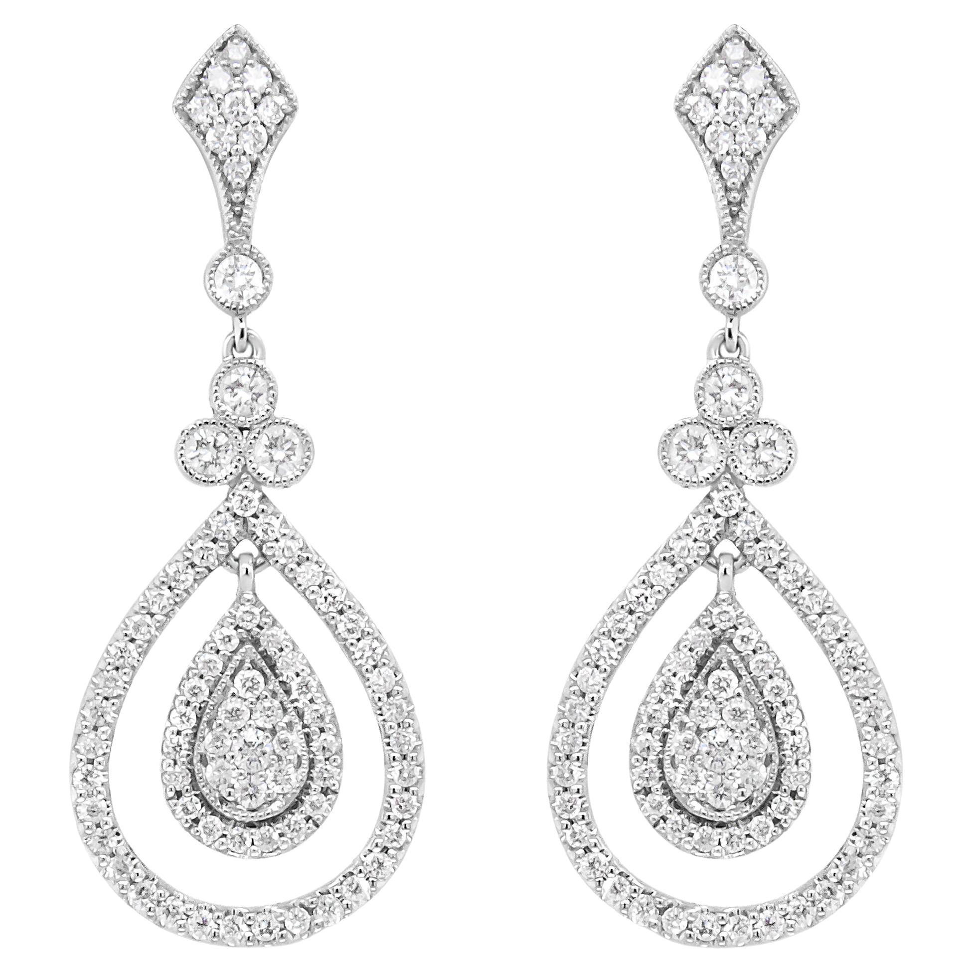 18K White Gold 1 1/4 Cttw Round Diamond Openwork Teardrop-Shaped Dangle Earrings For Sale