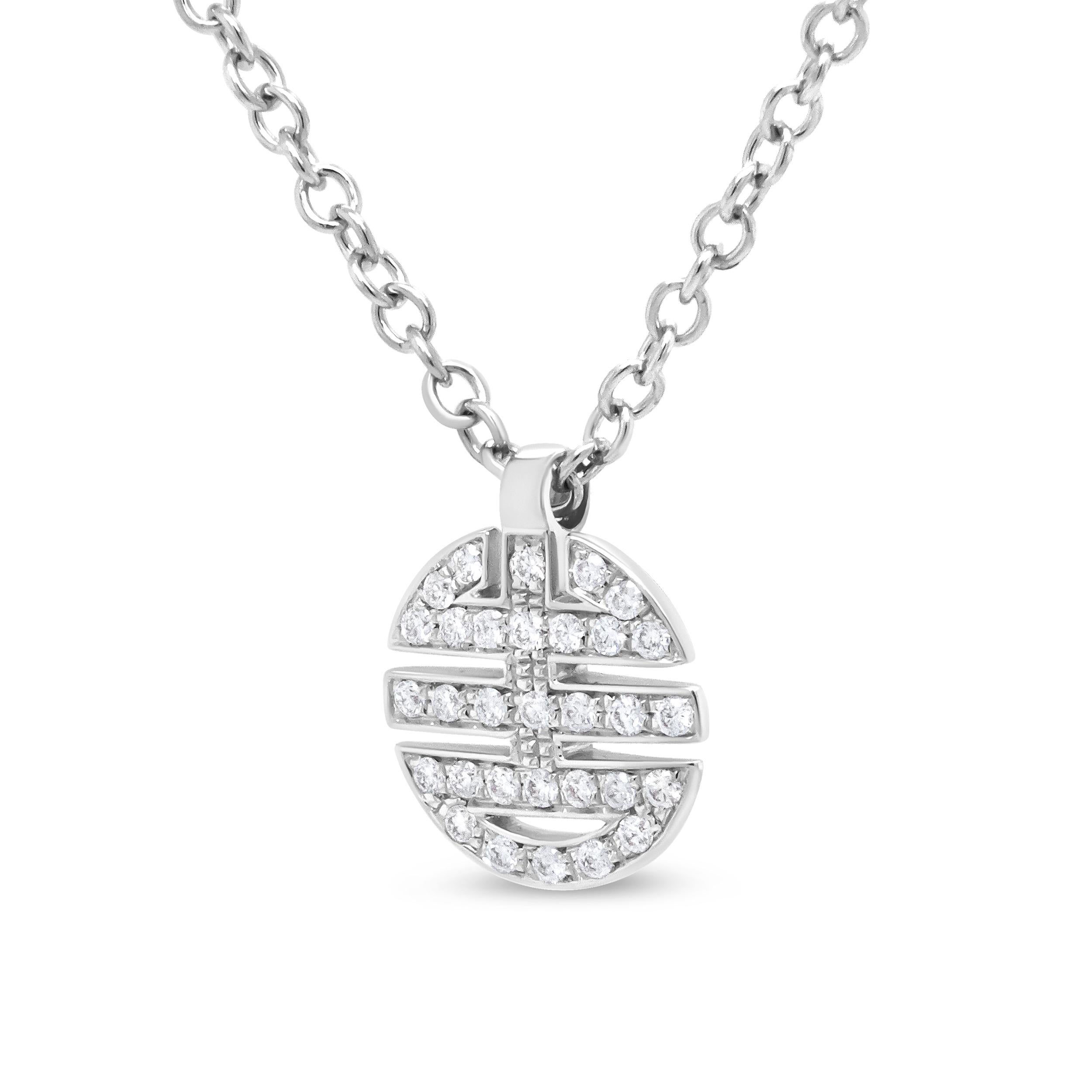 Bring luck into your life with this diamond pendant necklace crafted from genuine 18k white gold. The shou character symbolizes a long life and represents prosperity. Emblazoned with sparkling white diamonds in prong-settings, this pendant shapes