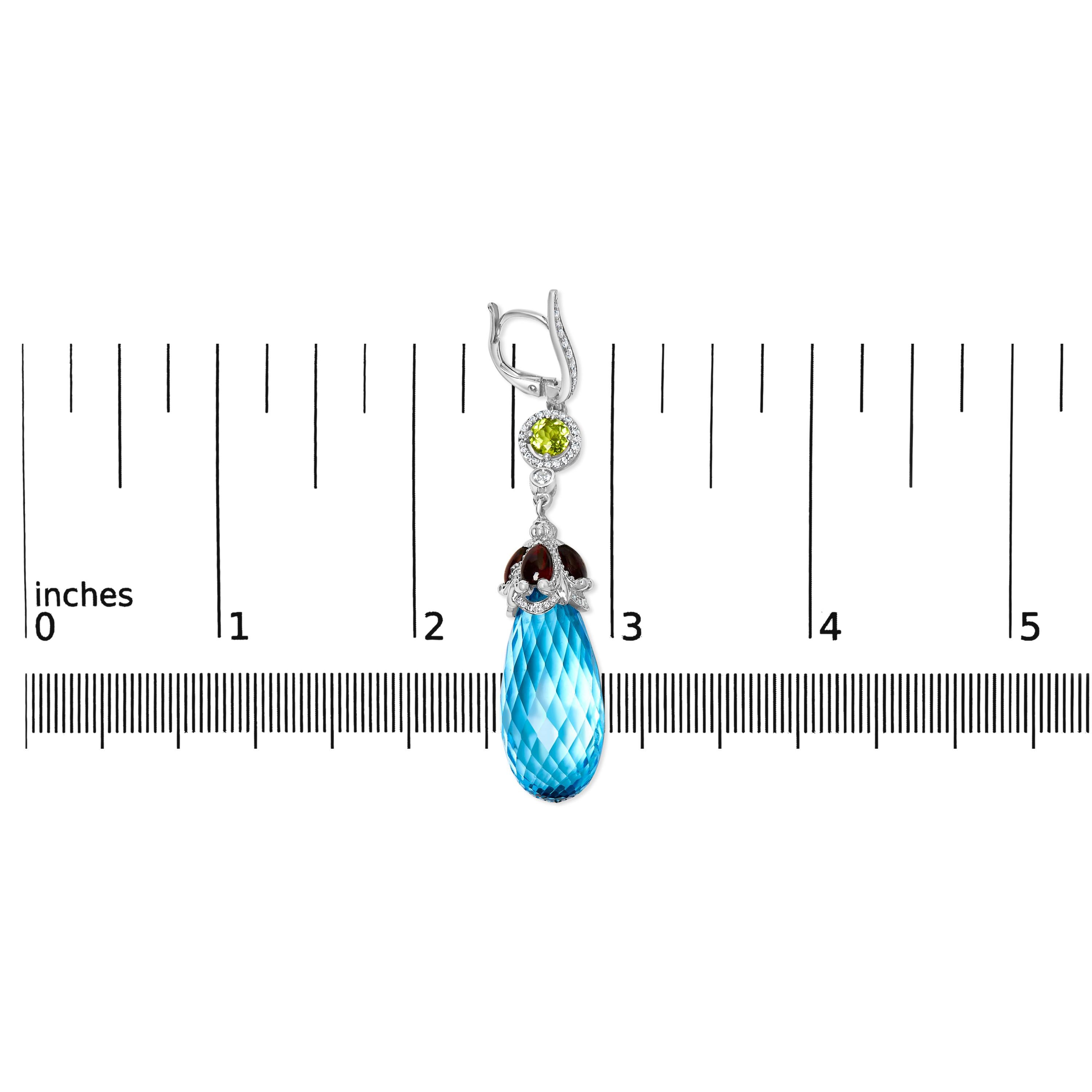 Round Cut 18K White Gold 1/2 Cttw Diamond and 22mm Blue Topaz and Garnet Dangle Earrings For Sale