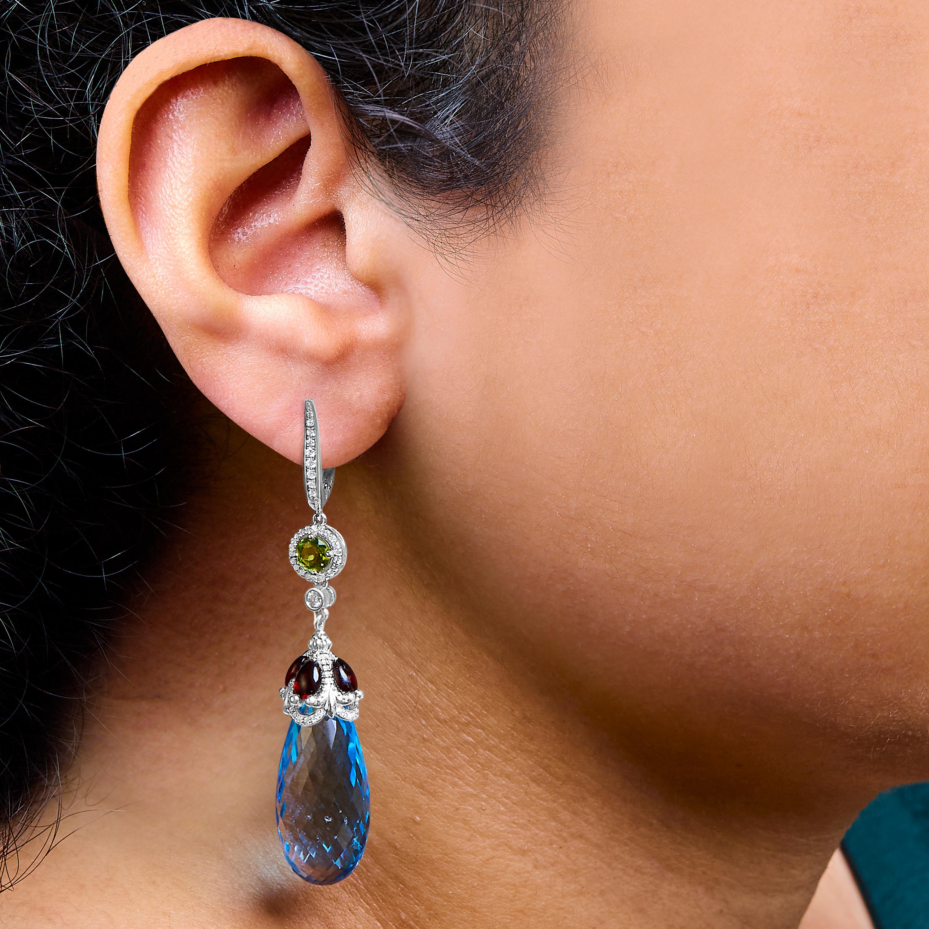 18K White Gold 1/2 Cttw Diamond and 22mm Blue Topaz and Garnet Dangle Earrings In New Condition For Sale In New York, NY