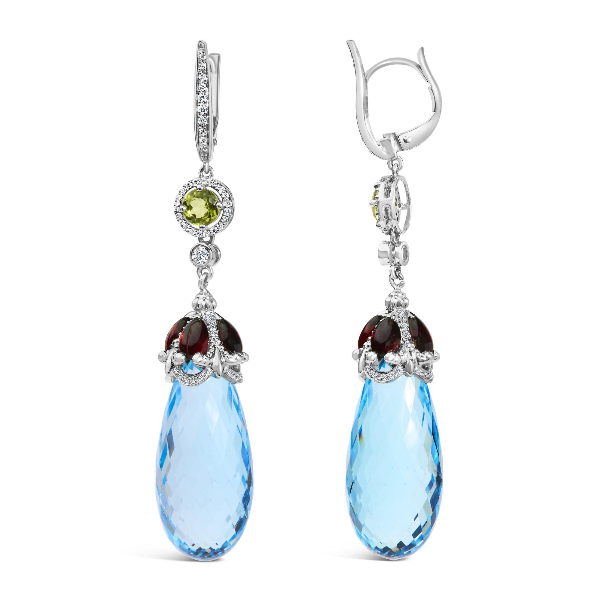 Modern 18K White Gold 1/2ct Diamond and Blue Topaz and Garnet Drop and Dangle Earrings For Sale