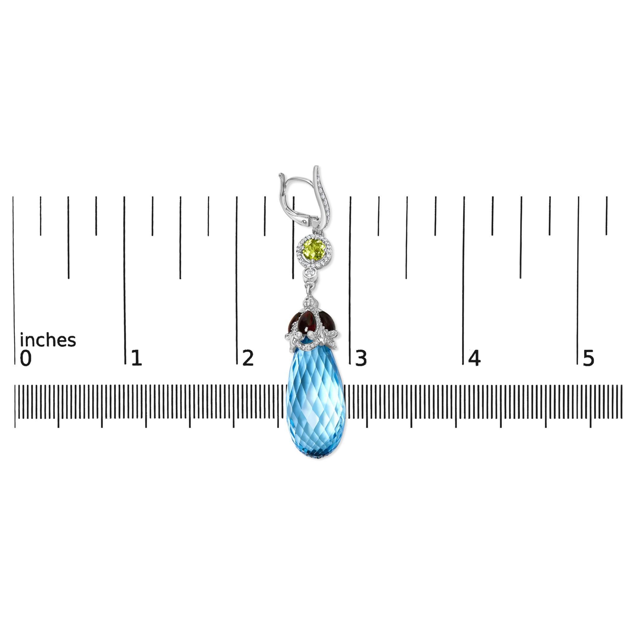 Round Cut 18K White Gold 1/2ct Diamond and Blue Topaz and Garnet Drop and Dangle Earrings For Sale