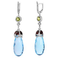 18K White Gold 1/2ct Diamond and Blue Topaz and Garnet Drop and Dangle Earrings