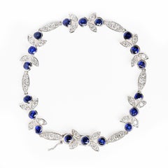 18K White Gold 1 3/4 Carat Diamond & Blue Sapphire Gemstone Floral Link Bracelet
