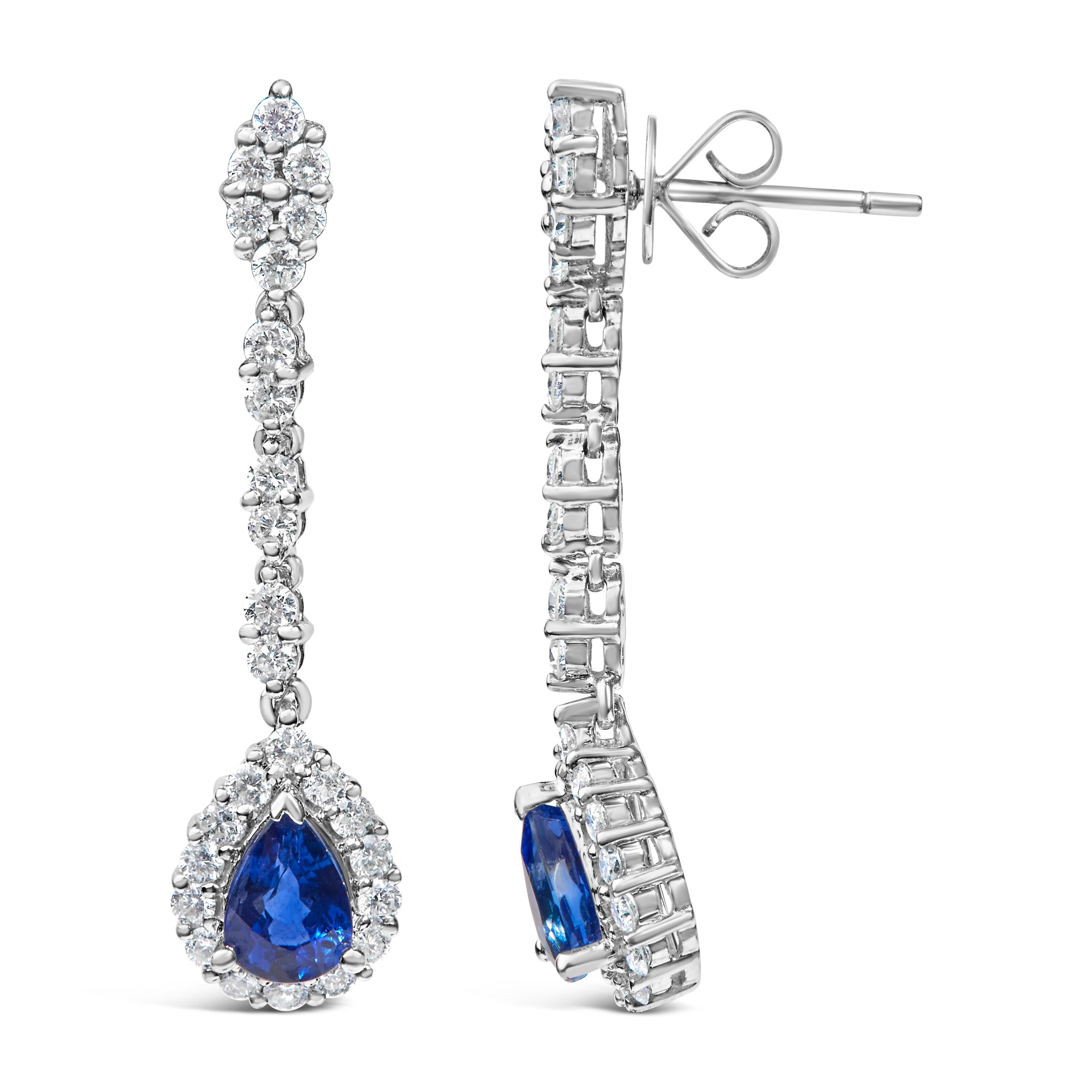Modern 18K White Gold 1 3/5ct Diamond & Blue Sapphire 1 1/3 Inch Drop & Dangle Earrings For Sale