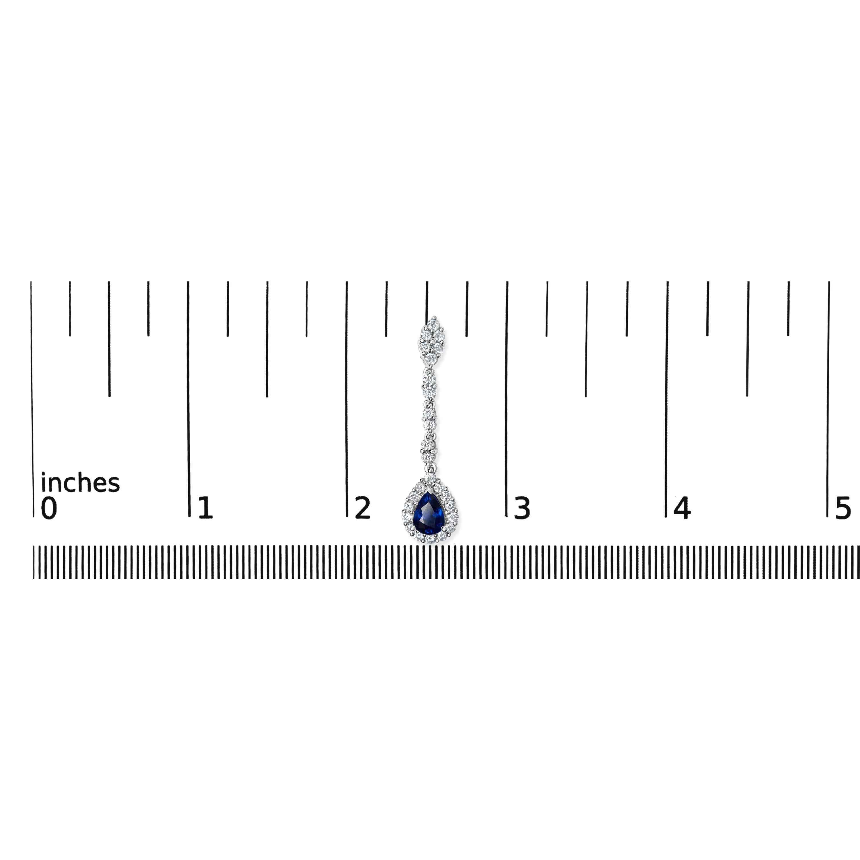 Round Cut 18K White Gold 1 3/5ct Diamond & Blue Sapphire 1 1/3 Inch Drop & Dangle Earrings For Sale