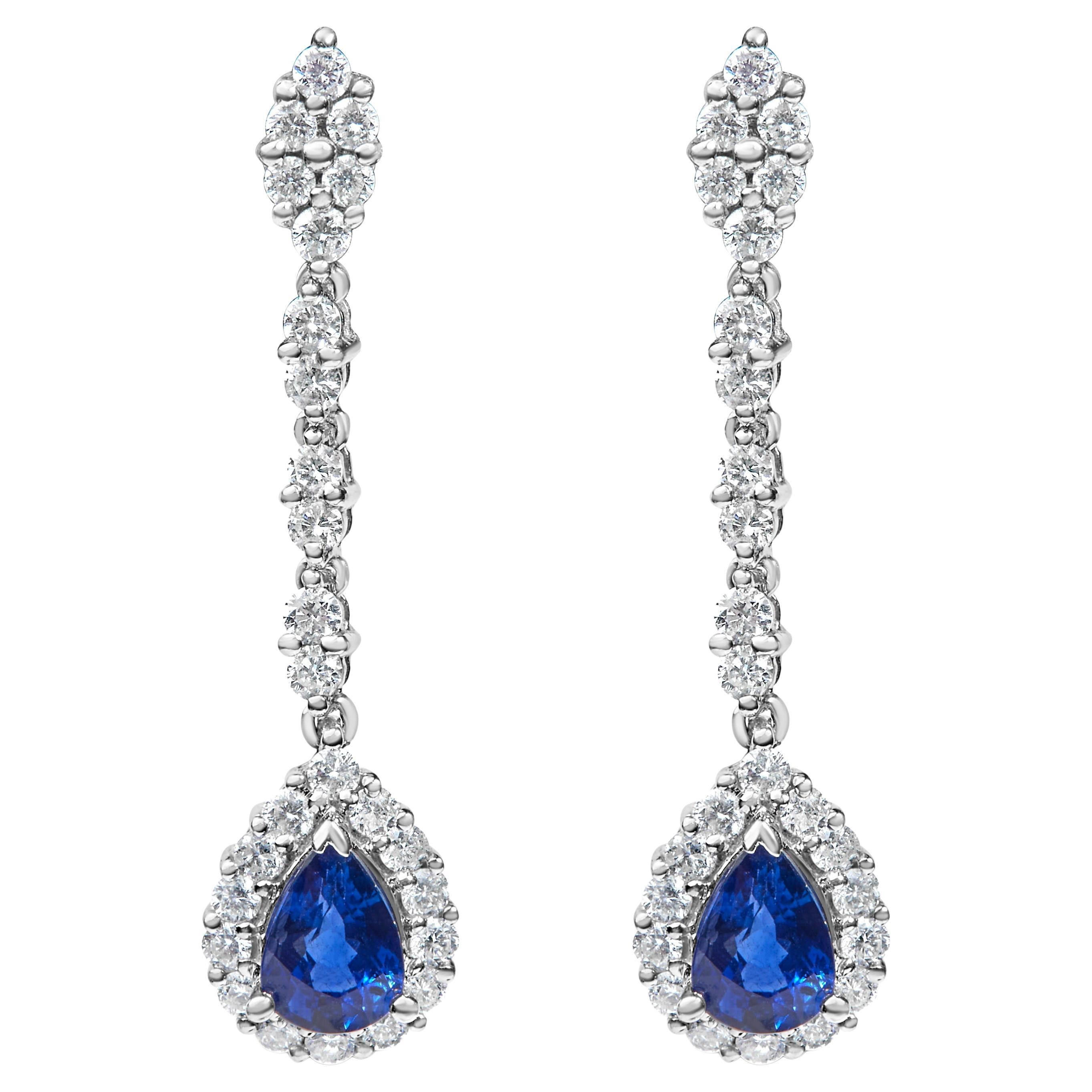 18K White Gold 1 3/5ct Diamond & Blue Sapphire 1 1/3 Inch Drop & Dangle Earrings