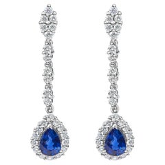 18K White Gold 1 3/5ct Diamond & Blue Sapphire 1 1/3 Inch Drop & Dangle Earrings