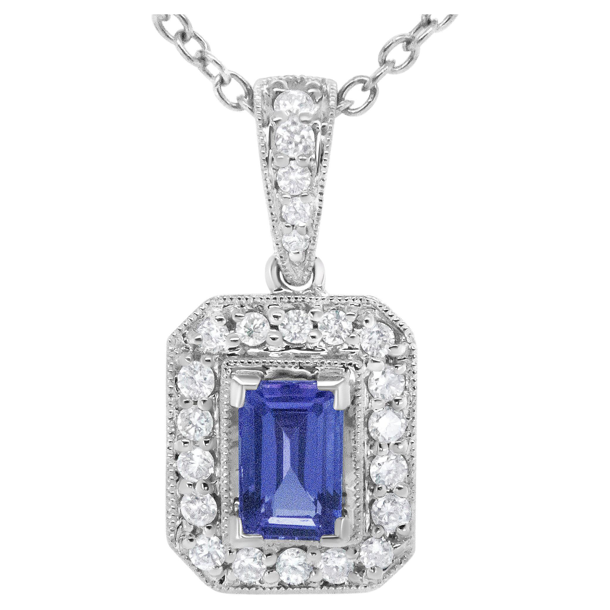 18K White Gold 1/4 Carat Diamond and Purple Tanzanite Halo Pendant Necklace For Sale