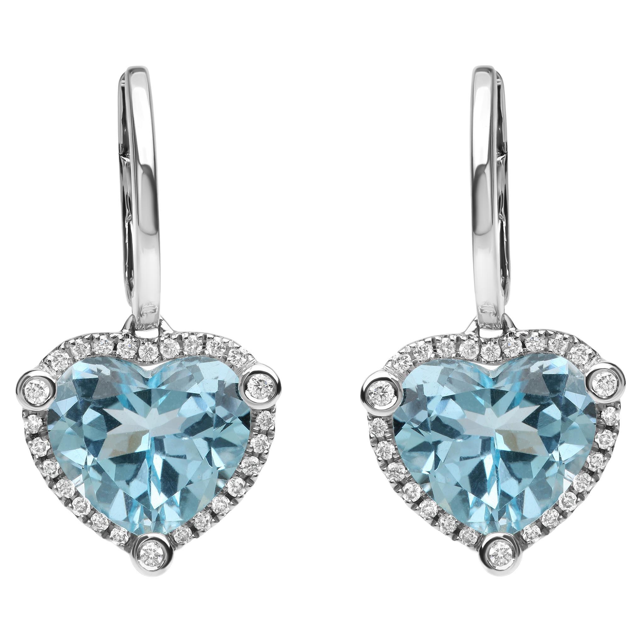 18K White Gold 1/4 Carat Diamond and Sky Blue Topaz Gemstone Dangle Hoop Earring
