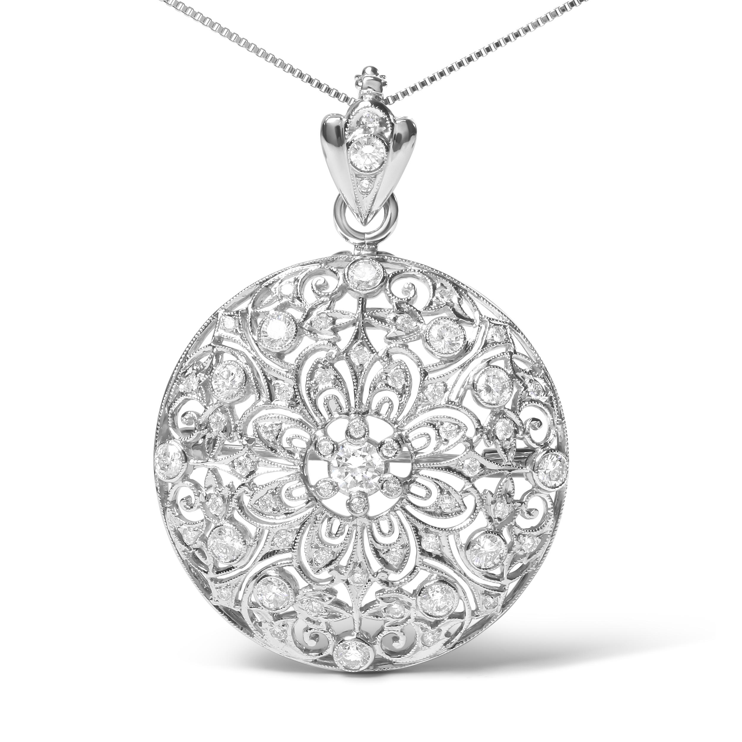 This captivating vintage-inspired pendant necklace is crafted in cool 18k white gold in an elegant openwork filigree motif set with stunning round diamonds. The floral filigree pattern features these sparkling diamonds within secure bezel settings.