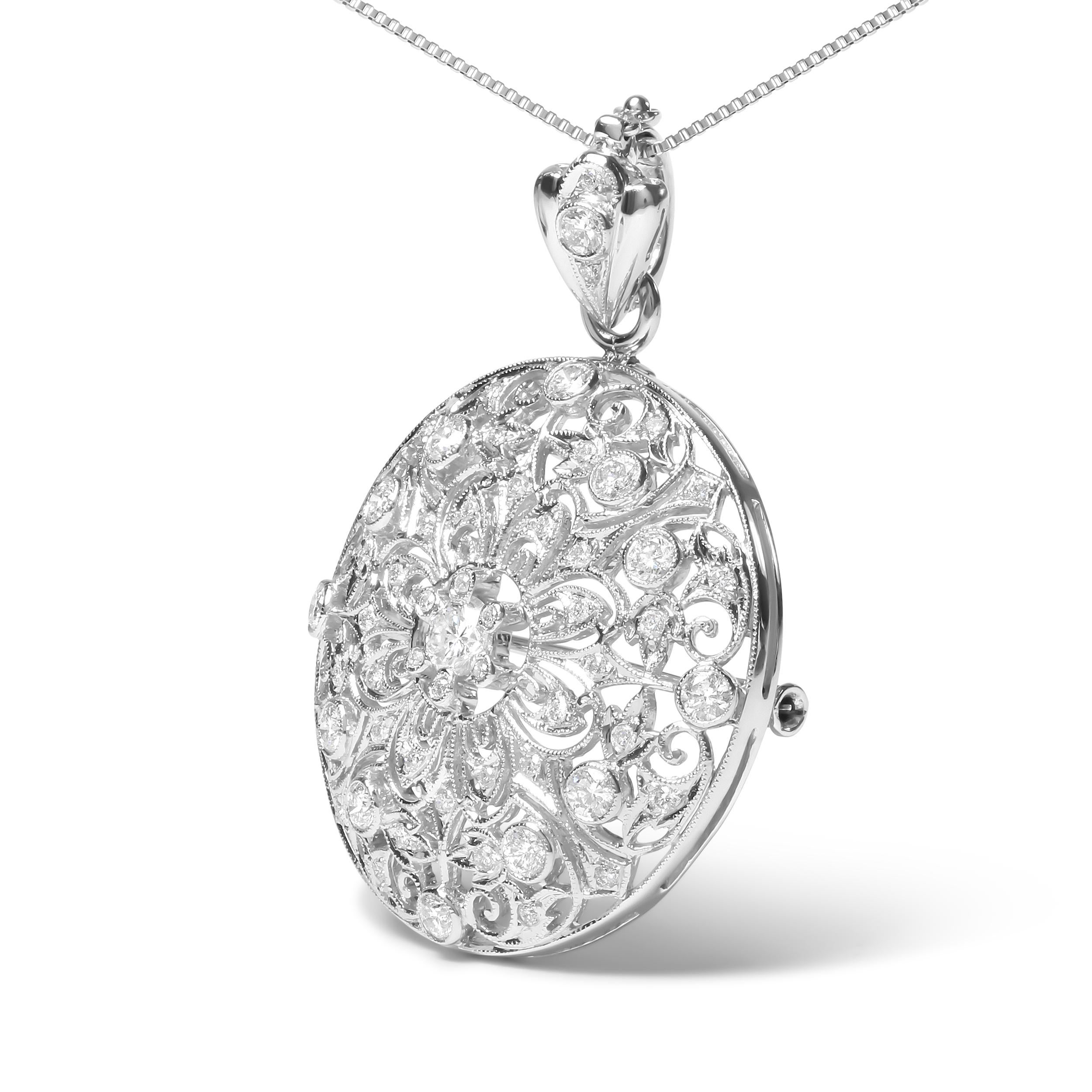 Contemporary 18K White Gold 1 5/6 Ct Diamond Floral Filigree Brooch Pin and Pendant Necklace For Sale