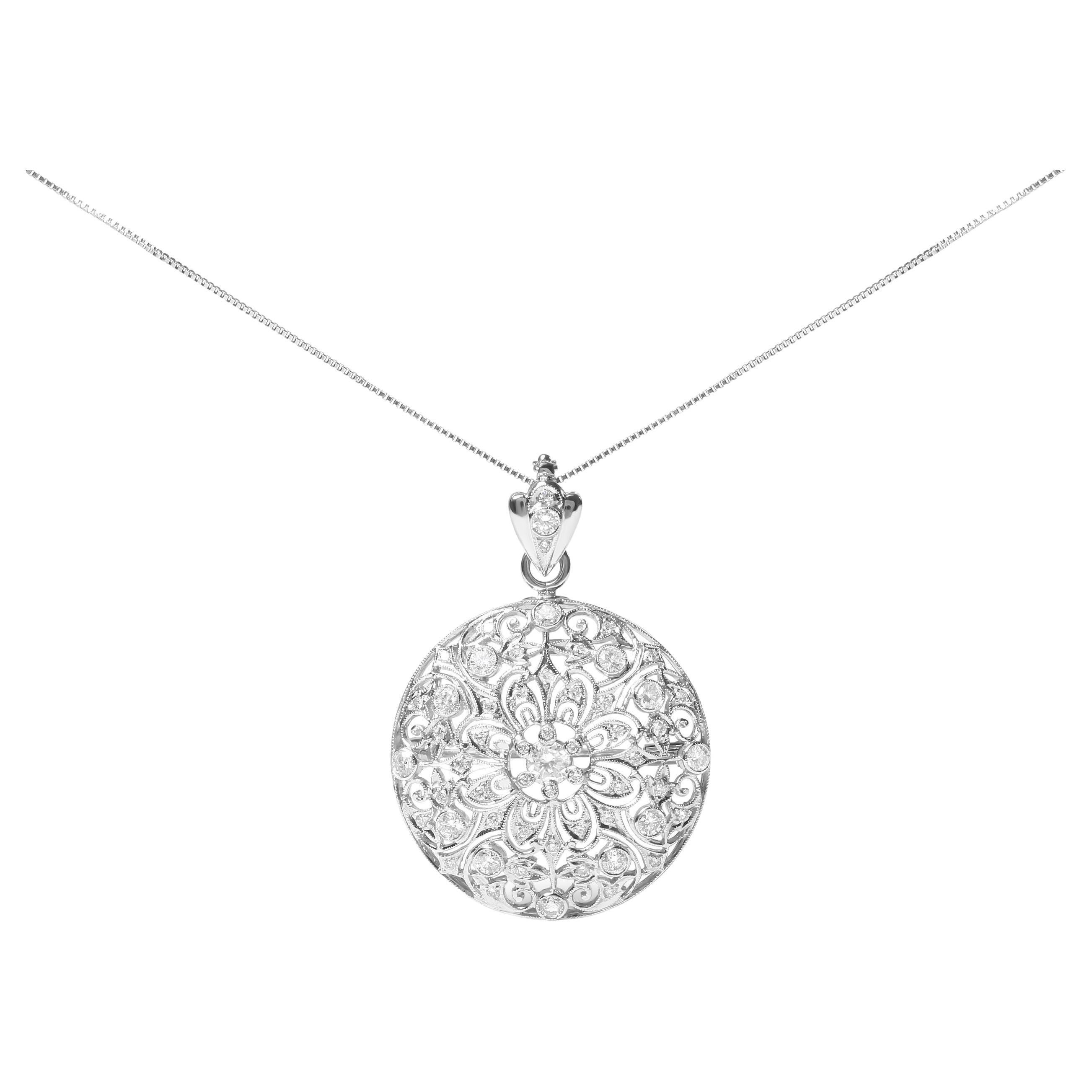 Broche et collier pendentif filigrane à fleurs en or blanc 18 carats avec diamants de 1 5/6 carat