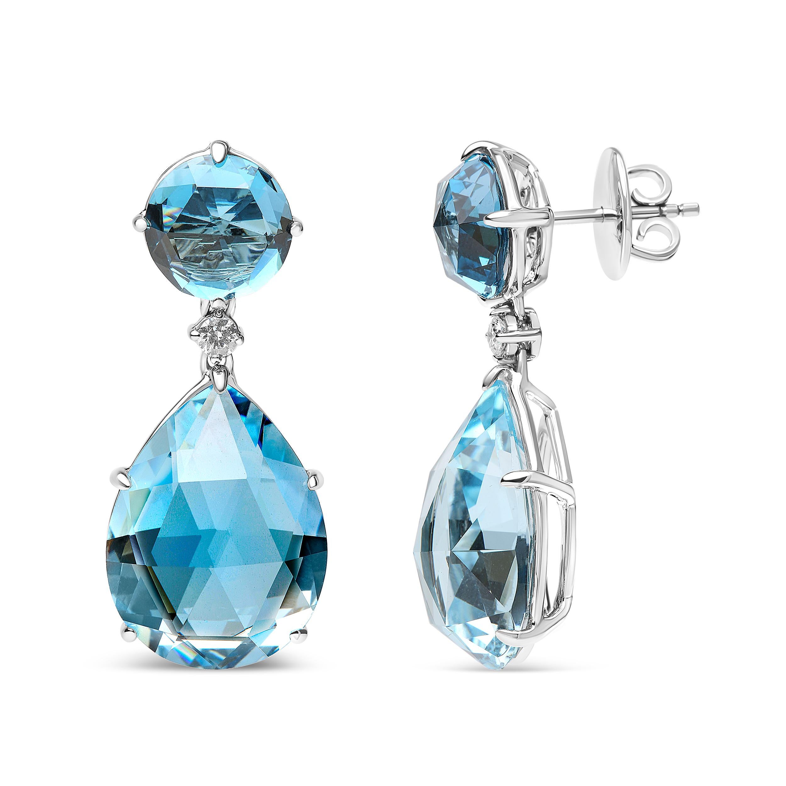 Contemporary 18K White Gold 1/5 Carat Diamond with Round and Pear Blue Topaz Dangle Earrings For Sale