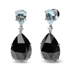 18K White Gold 1/5 Carat Diamond with Sky Blue Topaz & Black Onyx Dangle Earring