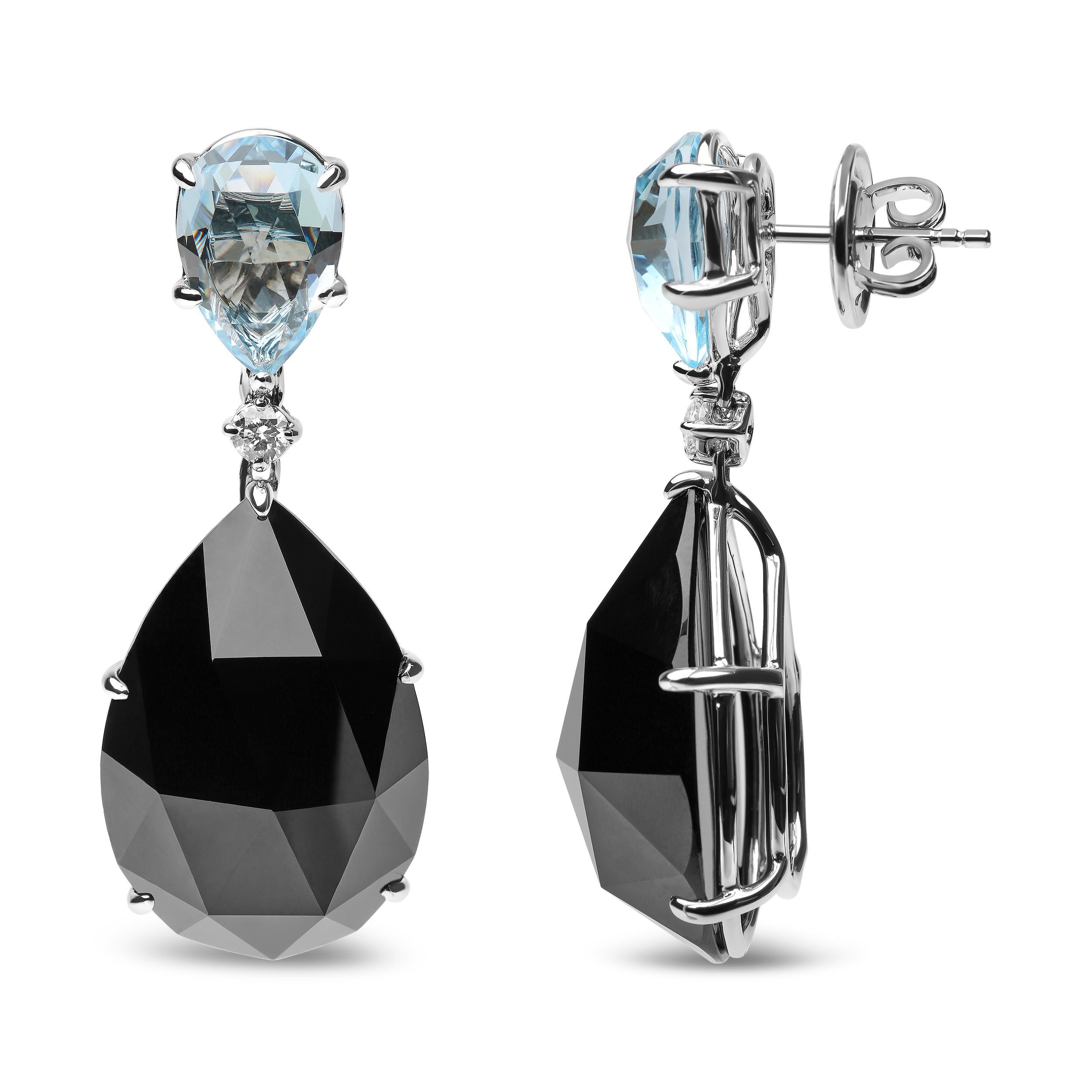 Contemporary 18K White Gold 1/5 Carat Diamond with Sky Blue Topaz & Black Onyx Dangle Earring For Sale