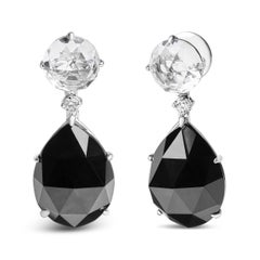 18K White Gold 1/5 Carat Diamond with White Topaz and Black Onyx Dangle Earrings