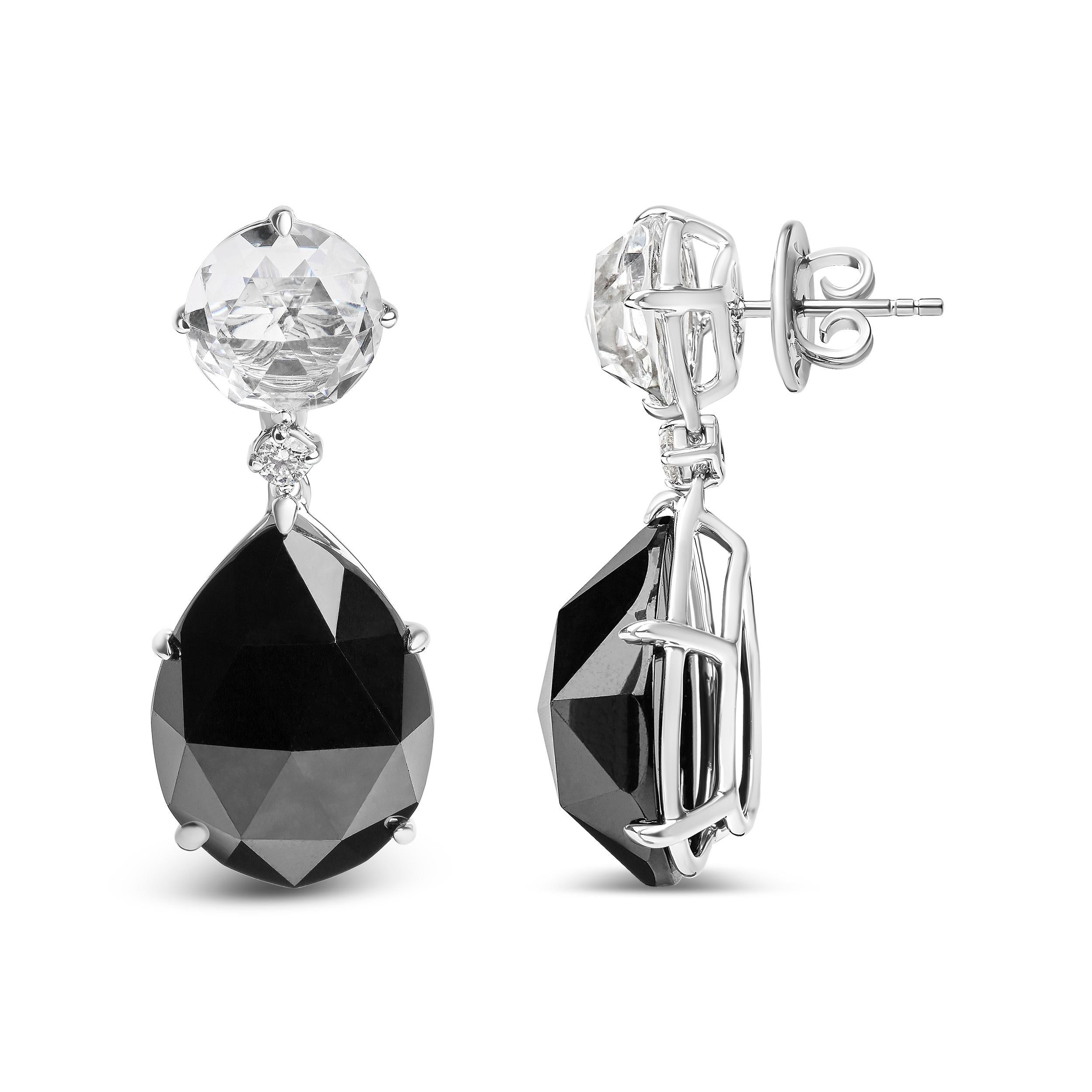 Contemporary 18K White Gold 1/5 Carat Diamond with White Topaz and Black Onyx Dangle Earrings For Sale