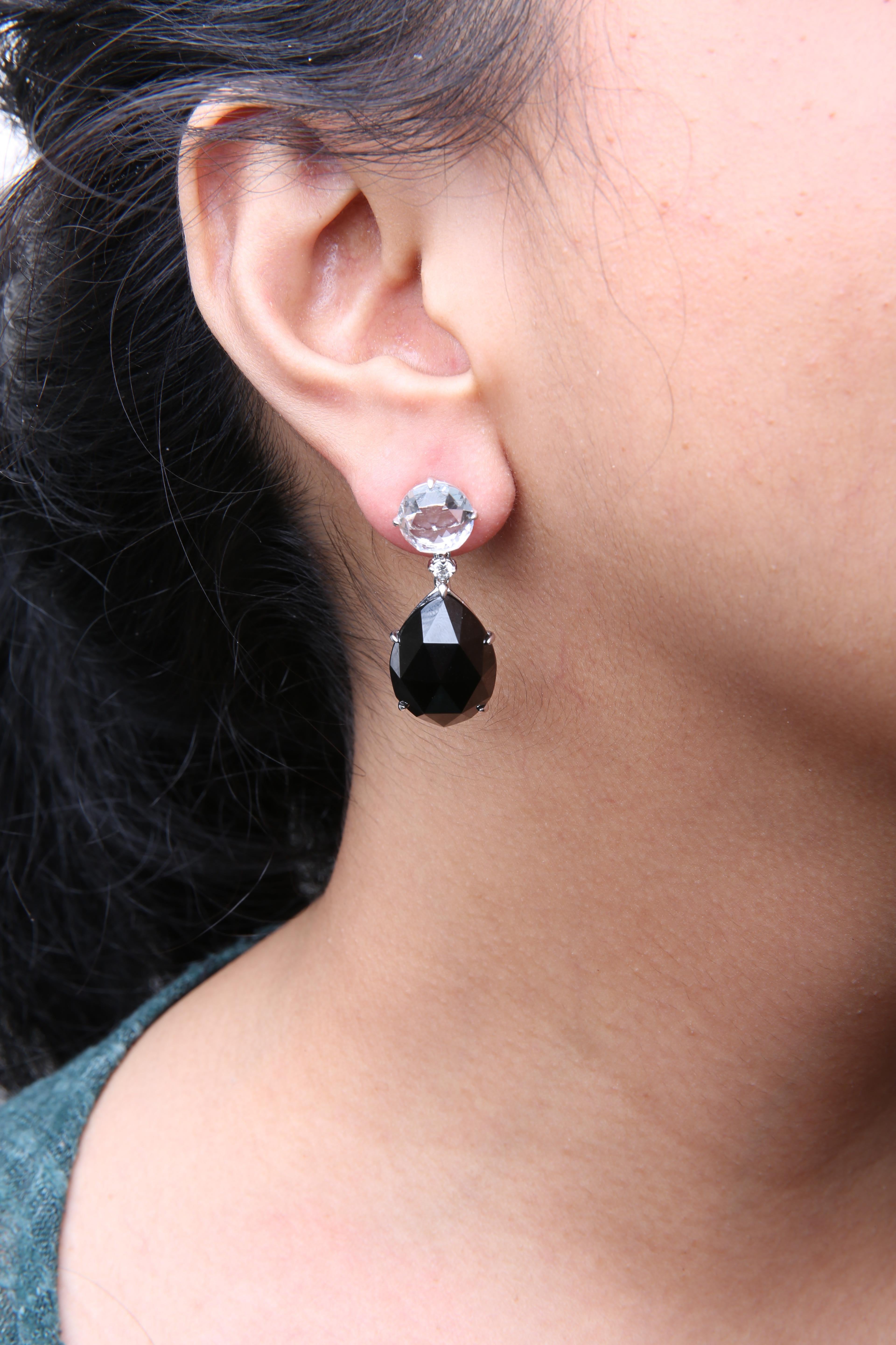 Round Cut 18K White Gold 1/5 Carat Diamond with White Topaz and Black Onyx Dangle Earrings For Sale