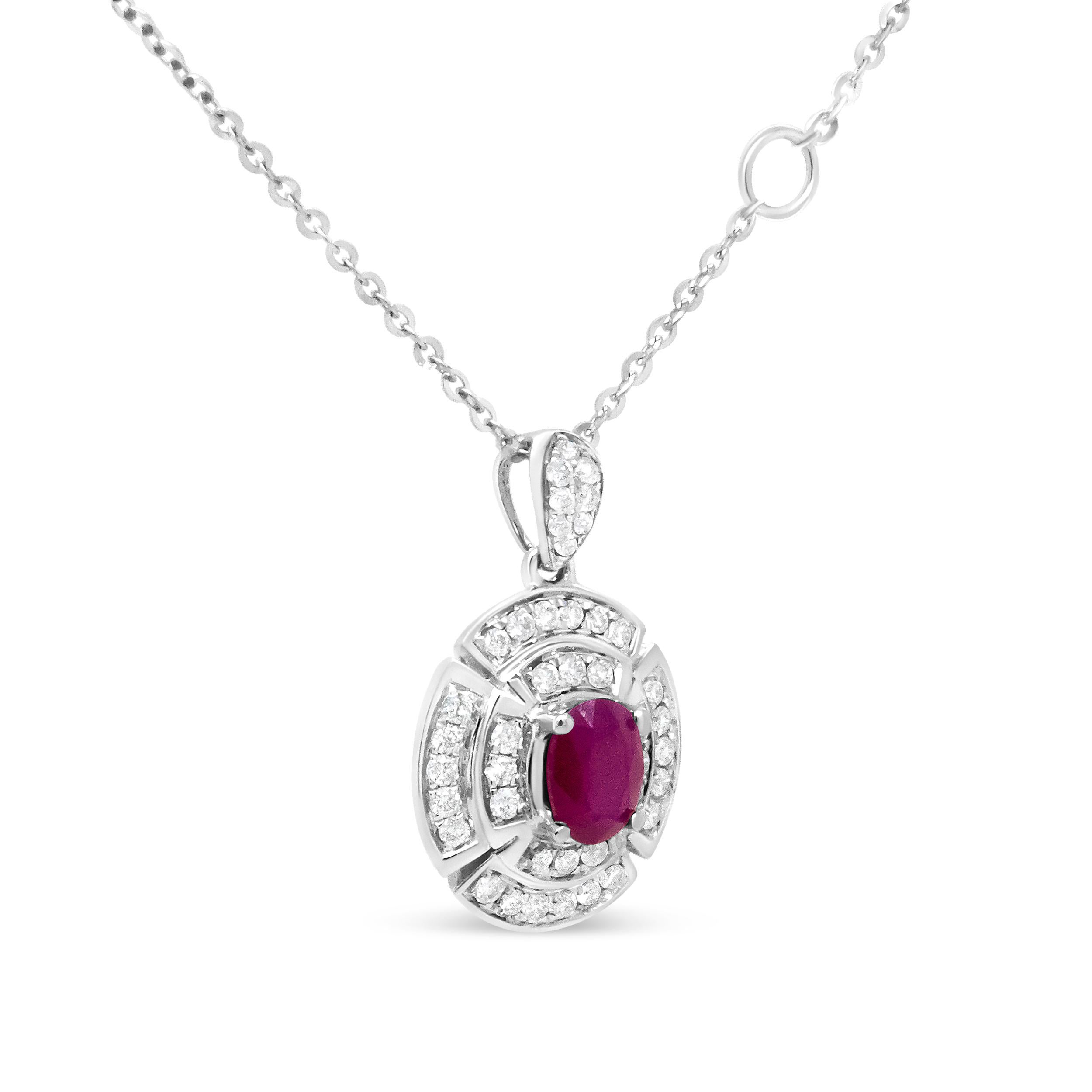 Contemporary 18K White Gold 1/5 Carat Round Diamond and Red Ruby Double Halo Pendant Necklace