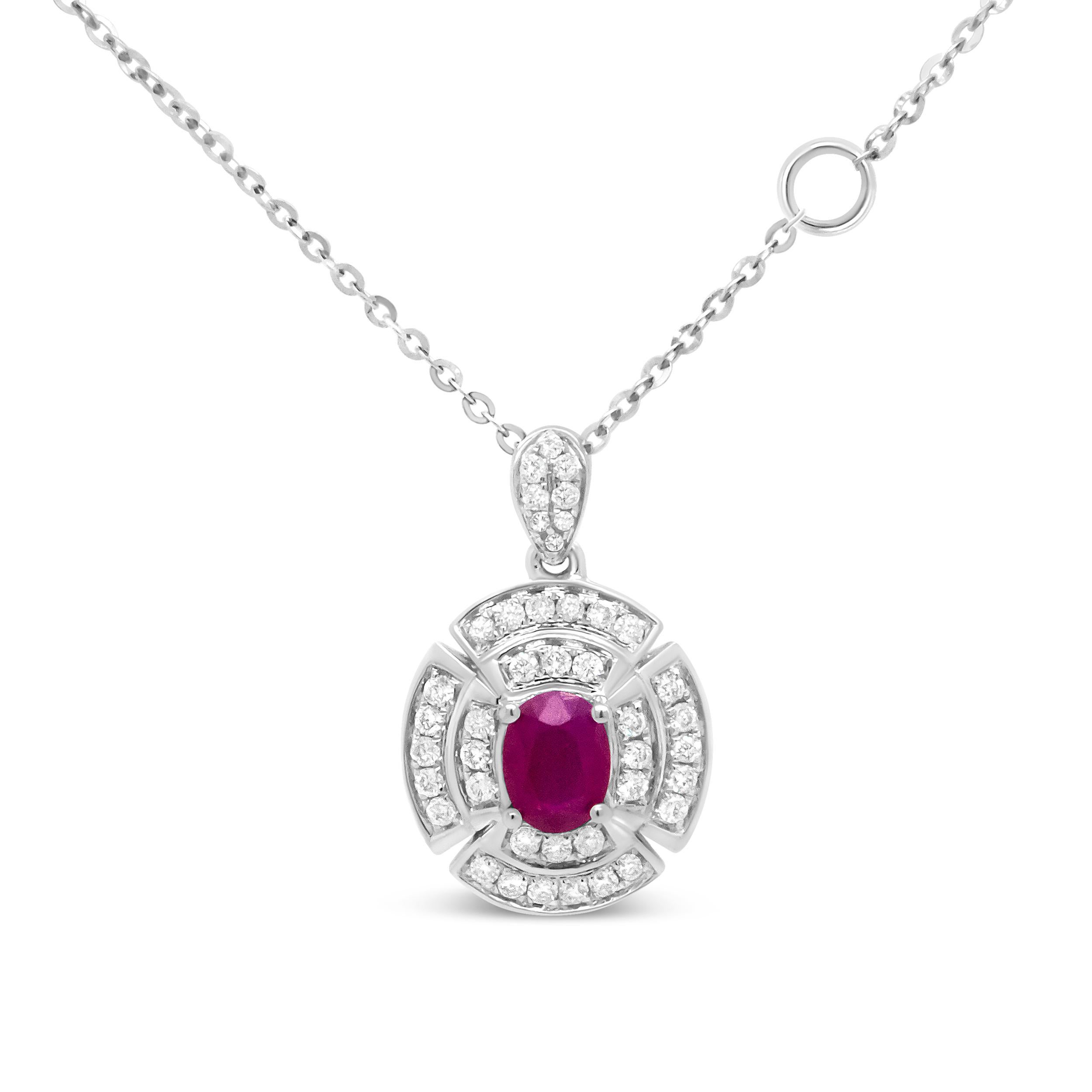 18K White Gold 1/5 Carat Round Diamond and Red Ruby Double Halo Pendant Necklace