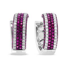 Boucle d'oreille en or blanc 18k 1 7/8cttw Diamond and Round Red Ruby Open Swish Hoop Earring