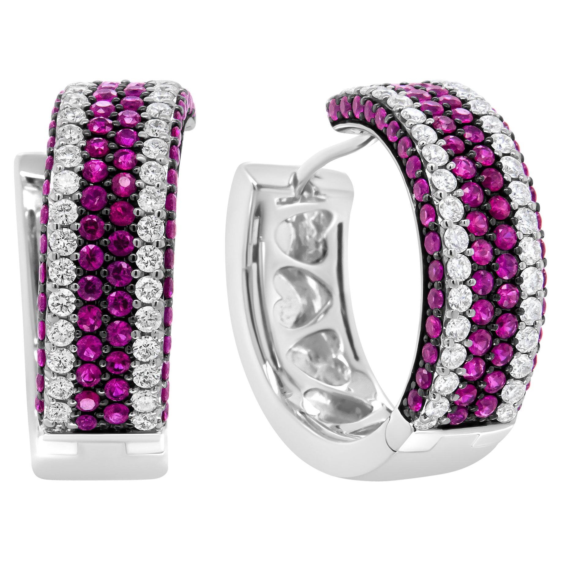 Créoles ouvertes en or blanc 18 carats avec diamants de 1 7/8 carat et rubis rouge rond de 1 mm