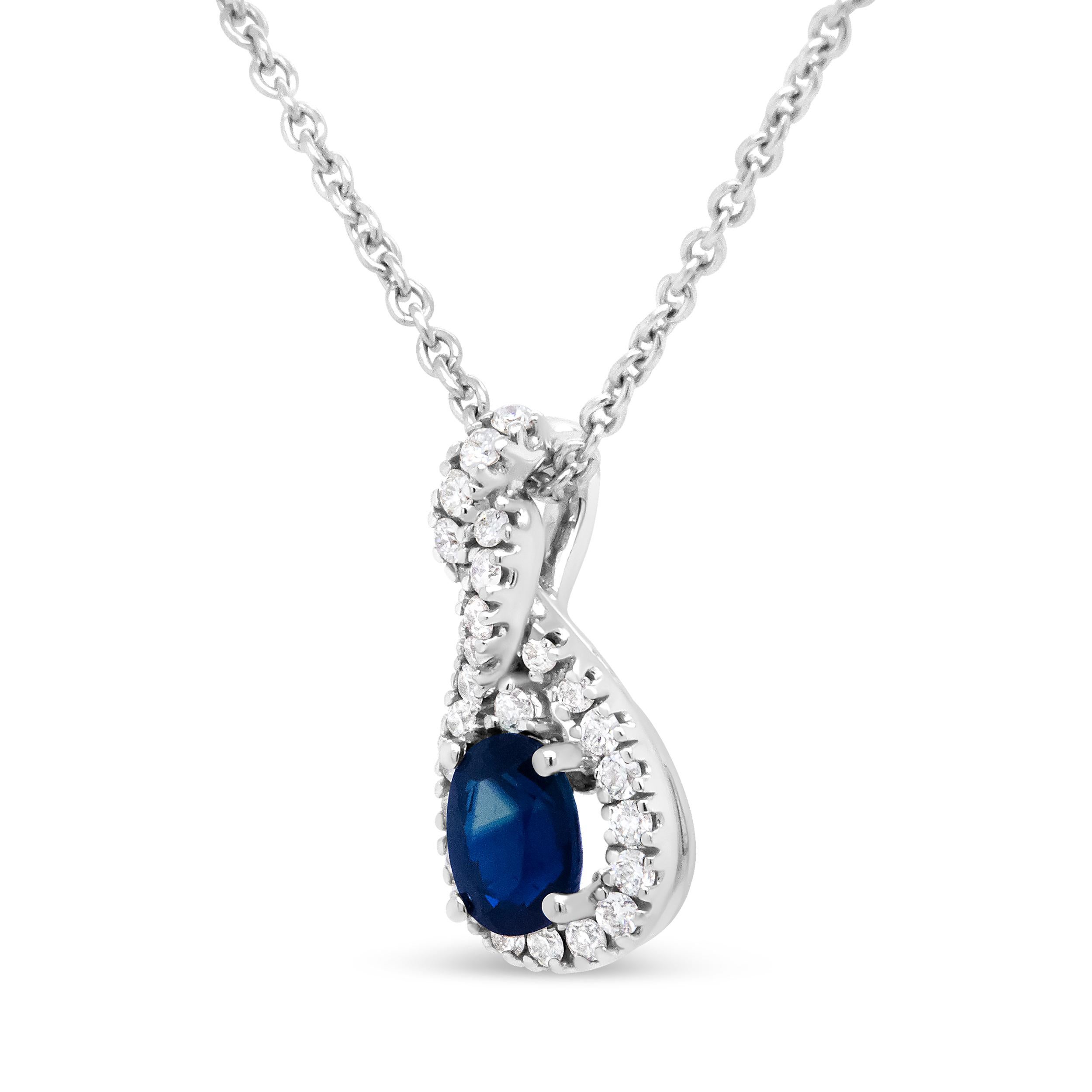 Contemporary 18K White Gold 1/7 Carat Diamond & Oval Blue Sapphire Pendant Necklace