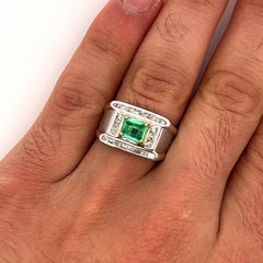 18k White Gold 1 Carat Colombian Emerald Mens Ring with Princess Cut Diamonds