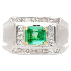 18k White Gold 1 Carat Colombian Emerald Mens Ring with Princess Cut Diamonds