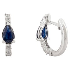 18K White Gold 1 Ct Pear-Shaped Blue Sapphire 
Diamond Huggie Hoop Earrings
