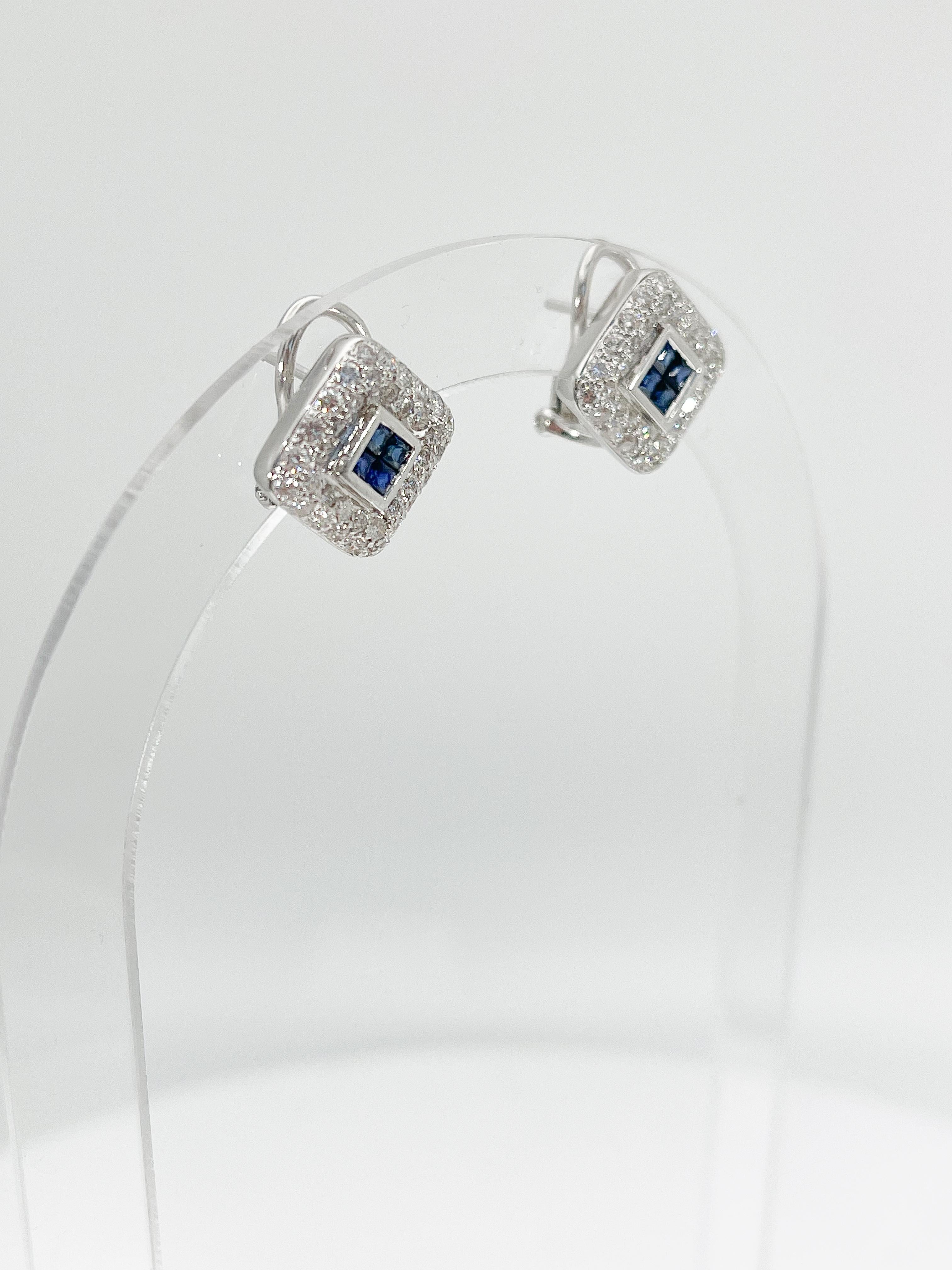 Princess Cut 18K White Gold 1 CTW Sapphire and 1 CTW Diamond Earrings For Sale