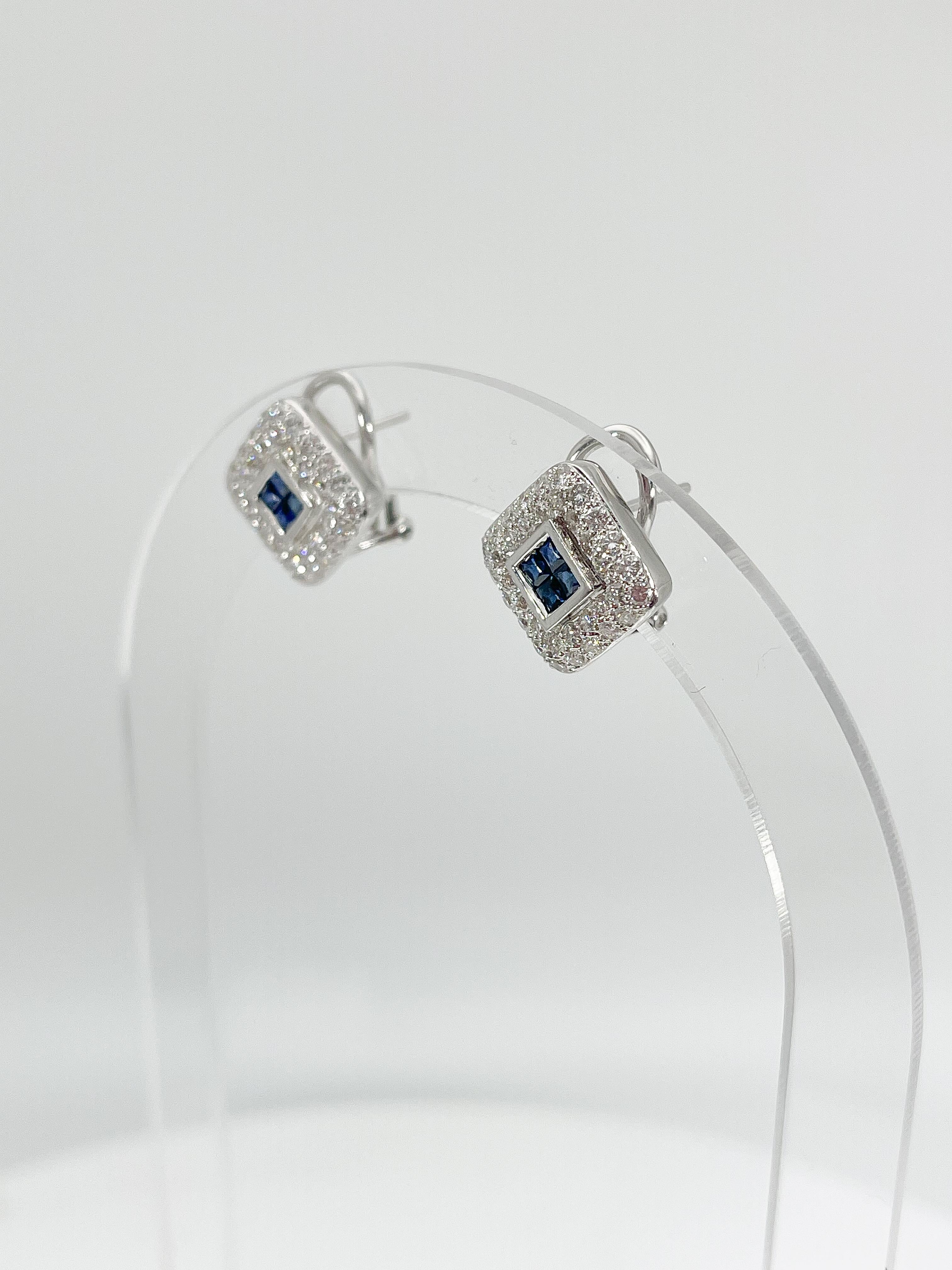 18K White Gold 1 CTW Sapphire and 1 CTW Diamond Earrings In Excellent Condition For Sale In Stuart, FL