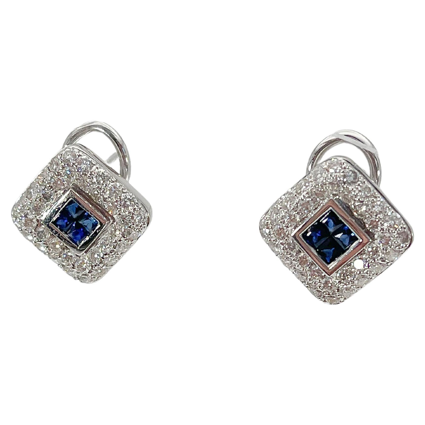 18K White Gold 1 CTW Sapphire and 1 CTW Diamond Earrings For Sale
