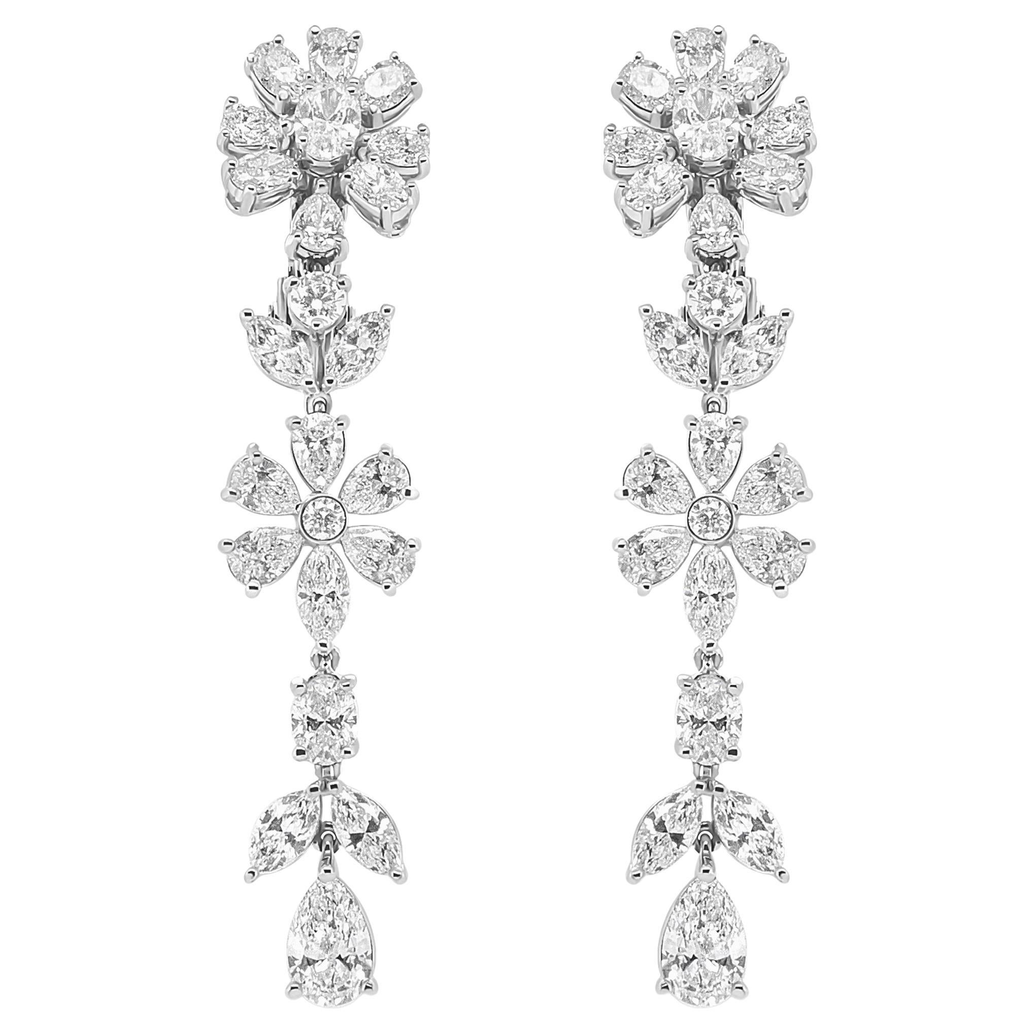 18K White Gold 10 1/4 Cttw Fancy Diamond Mixed Floral Dangle Drop Earrings