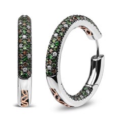 18K White Gold 1.0 Carat Brown & White Diamond and Green Tsavorite Hoop Earrings