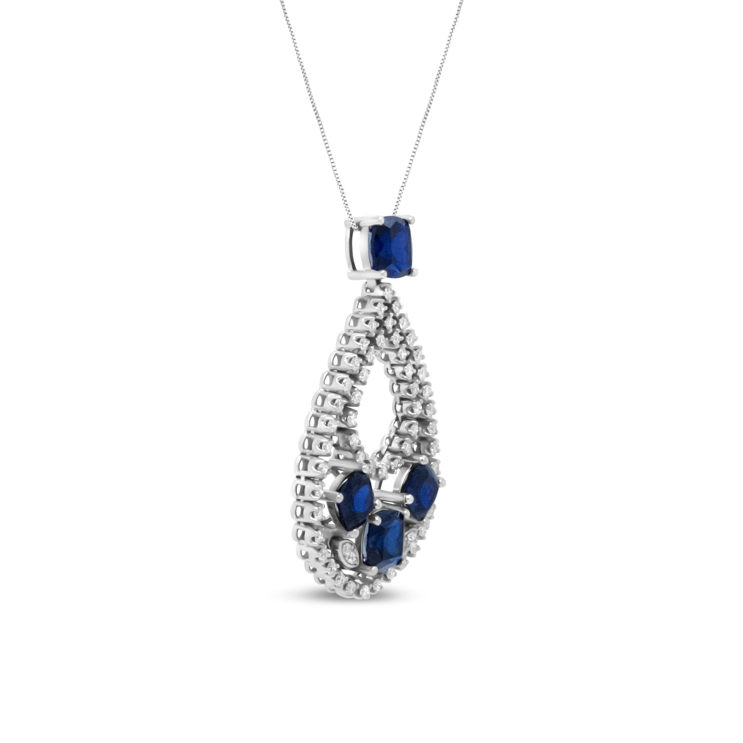 Contemporary 18K White Gold 1.0 Carat Diamond and Blue Sapphire Openwork Pendant Necklace