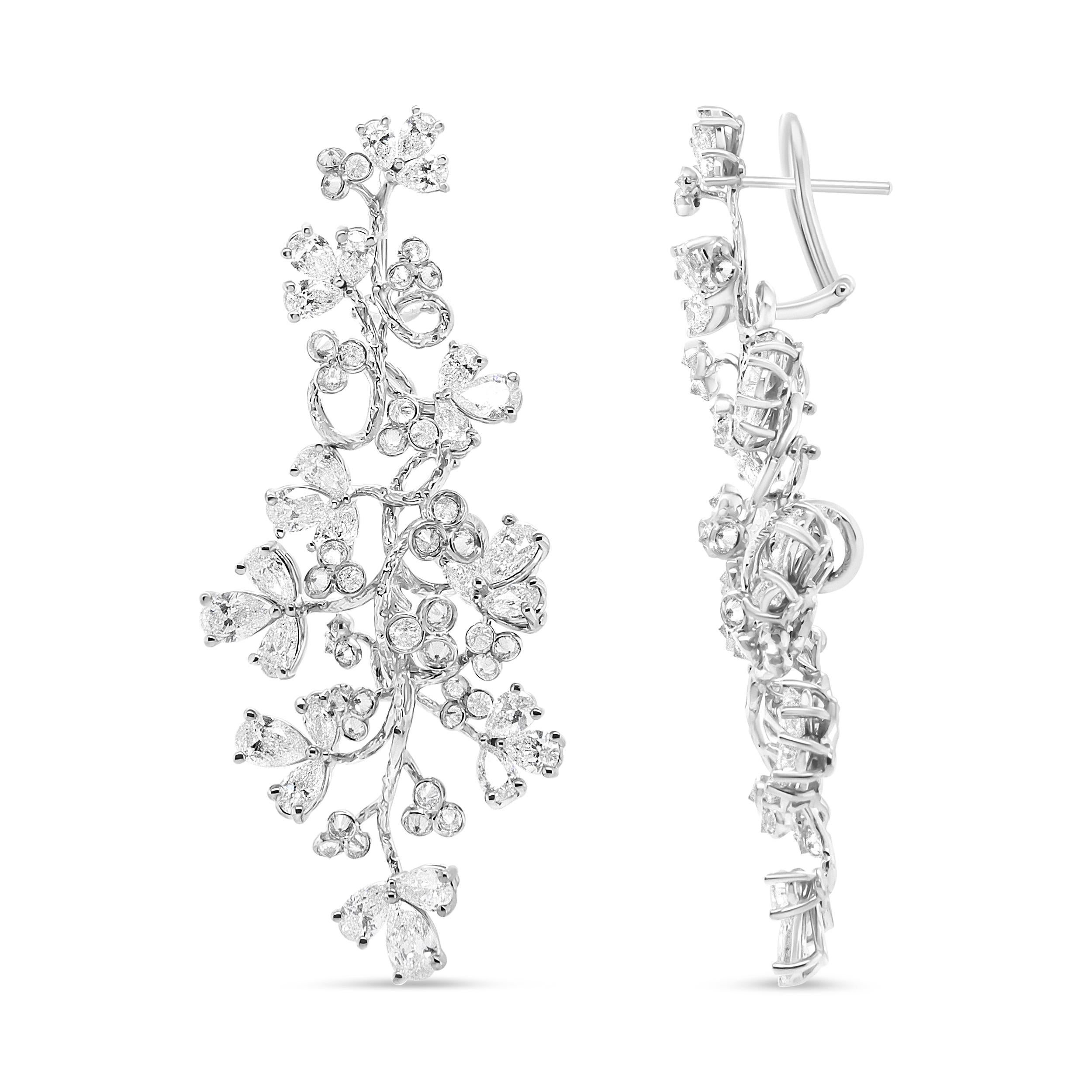 Contemporary 18K White Gold 10 Carat Round and Pear-Shaped Floral Diamond Dangle Drop Earring