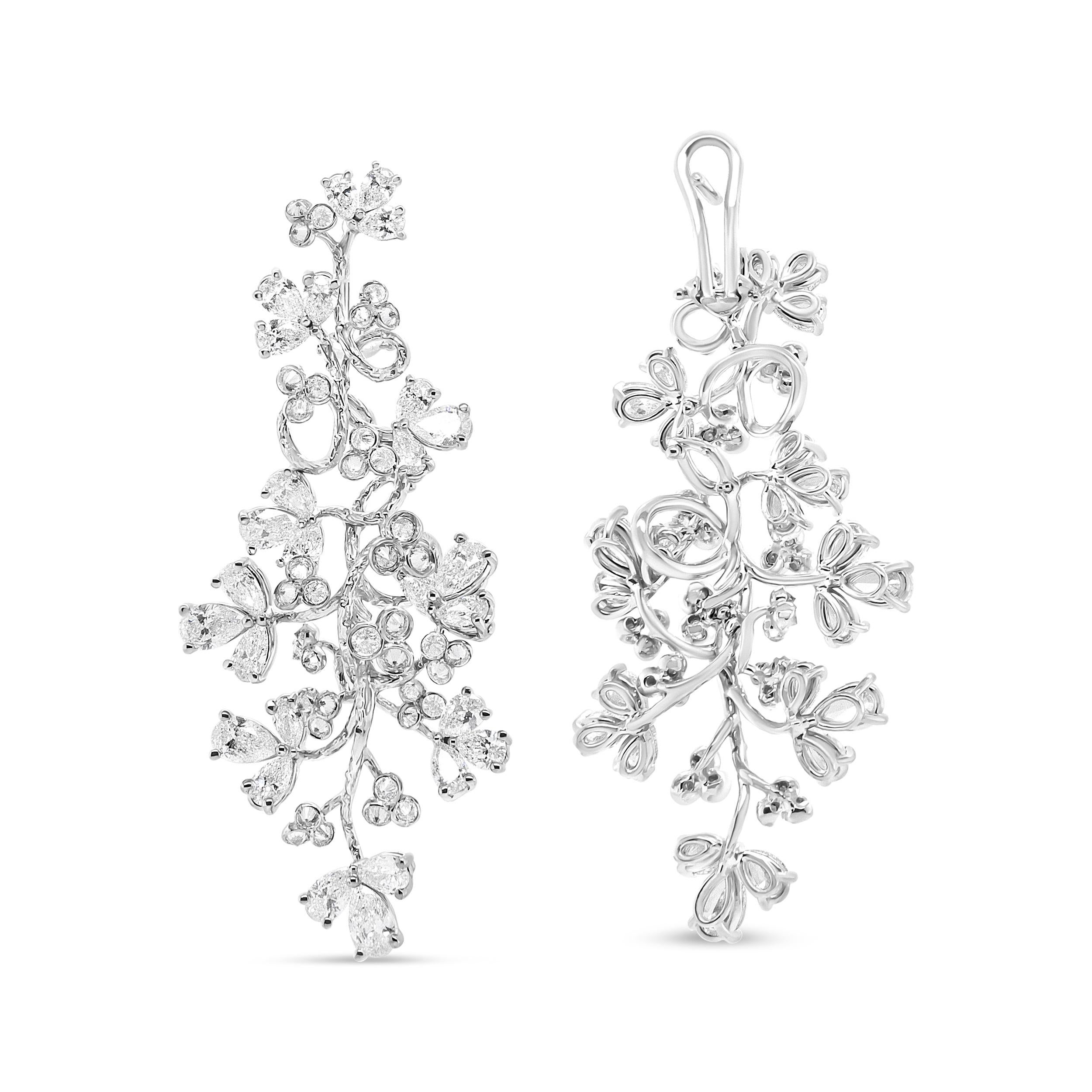 Pear Cut 18K White Gold 10 Carat Round and Pear-Shaped Floral Diamond Dangle Drop Earring